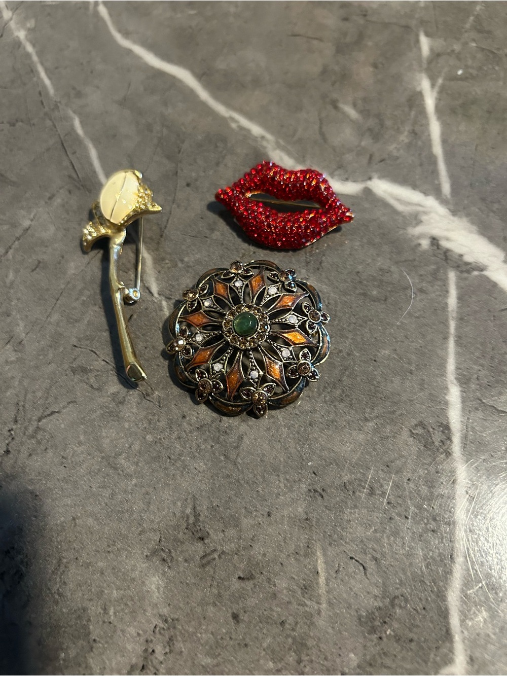Bundle 3 Inspired Floral Filigree Brooch with Green Center - Gold & Red Accents
